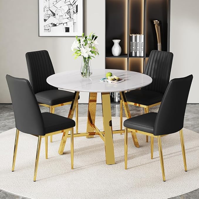 Round Dining Table Set for 4, Modern Kitchen Dining Table Chairs Set for 4, 42" Faux Marble Dining Room Table Set & 4 PU Leather Chairs for Kitchen Living Office Cafe Small Space
