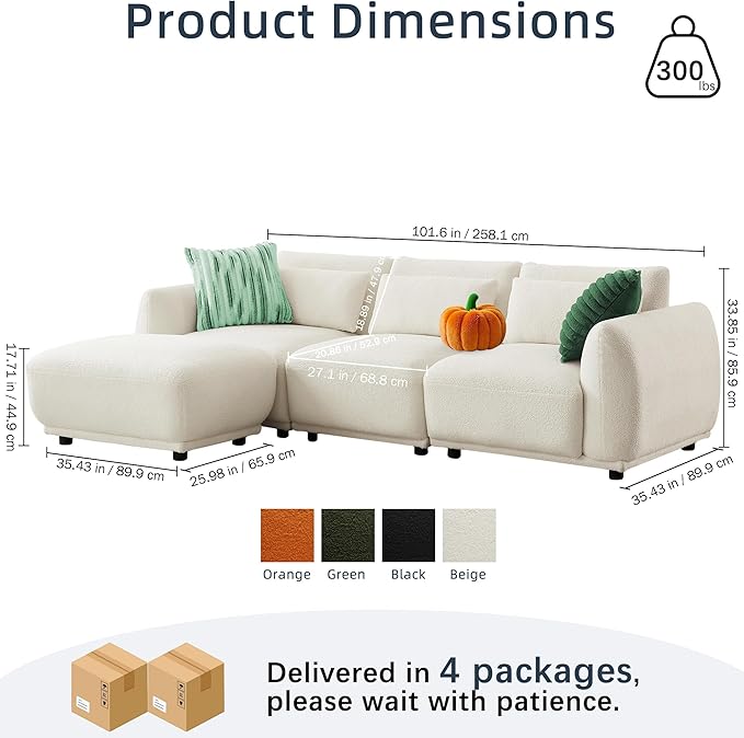 Sectional Sofa Couch, Modern Convertible U Shaped Sectional Couch with Ottoman, Modular Sectional Sofa Cloud Couches for Living Room (White, 4 Set + 2 Ottoman)