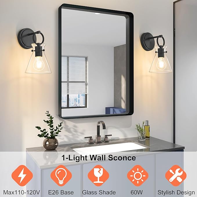 Wall Sconce for Bathroom Modern Vanity Light Fixtures Wall Mount Lighting Lamp Farmhouse Wall Lights with 6 Inch Clear Glass Shade for Bedroom Living Room Mirror Kitchen (Black, 1 Pack)
