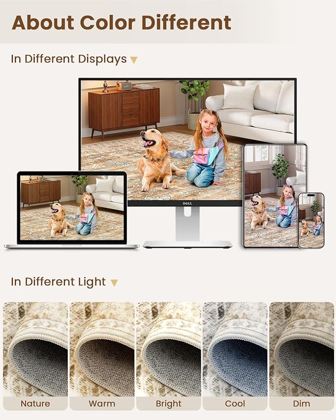 HOMFINE Machine Washable Rug 9'x12' - Vintage Design Area Rugs with Non Slip Rugs for Living Room Bedroom Floral Print Rug Carpet Stain Resistant, Home Decor Office Area Rug, Beige Brown