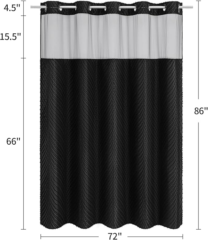 No Hook Extra Long Shower Curtain Set with Snap-in Liner, 86 inch XL Boho Black Fabric Shower Curtains for Modern Bathroom Decor, Hotel Style Shower Curtain with See Through Top Window