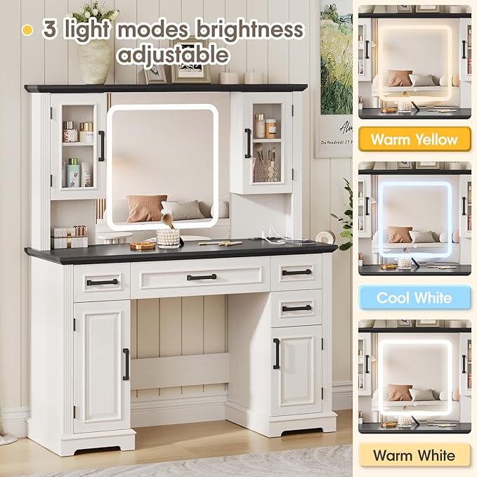 Maupvit Farmhouse Vanity Desk with Mirror and Lights, Makeup Vanity Table with Charging Station, 45" Bedroom Table with 4 Drawers and Cabinets, 3 Lighting Modes, White