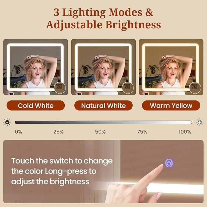 Vanity Desk with Mirror and Lights,Power Outlet,3 Drawers,Pull-Out LED Mirror with 3 Light Modes,Brightness Adjustable,Rolling Makeup cart,Crystal Handles, hairdryer Rack,White