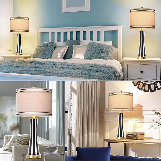 27.4''Table Lamps for Living Room Set of 2，3-Way Dimmable Modern Glass Bedside Lamps with USB Ports，Tall Lamps for Night Stands，Touch End Table Lamps for Bedroom Desk Lamps for Home Office（Grey）