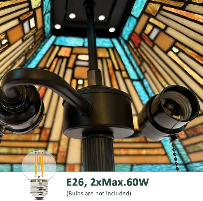 Tiffany Table Lamps,16" Green Handcrafted Stained Glass Desk Lamp for Reading,2-Lights Mission Style Antique Nightstand Beside Light for Living Room Bedroom Office