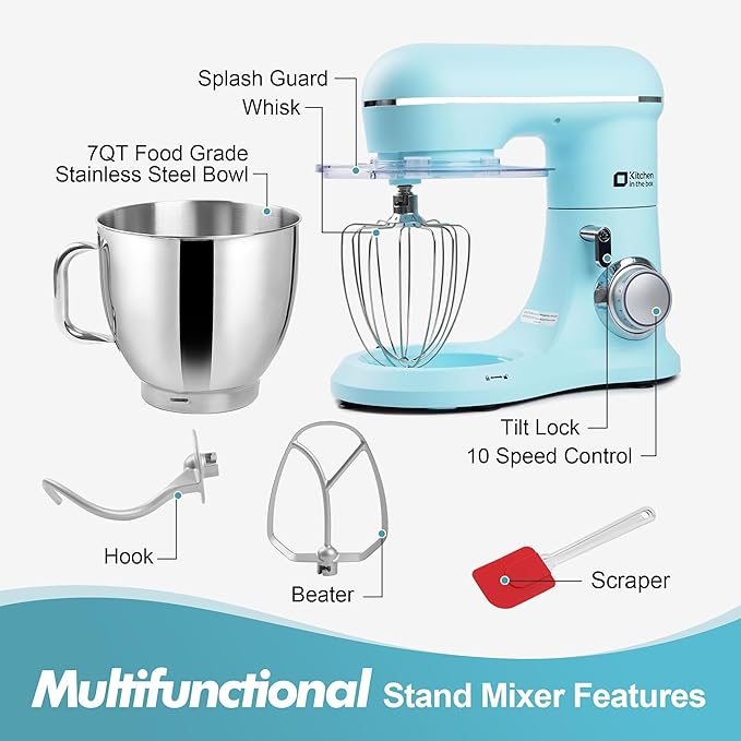 Kitchen in the box 7QT 900W 10-Speed Stand Mixer, Tilt-Head Kitchen Electric Mixer with Dough Hook, Whisk & Flat Beater(Blue)