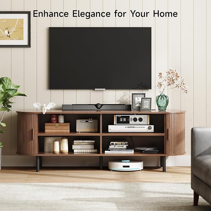 63" TV Stand with Power Outlet for TVs up to 70 Inch, Entertainment Center with Storage and Adjustable Shelves, Modern Media Console with Sliding Doors for Living Room, Walnut