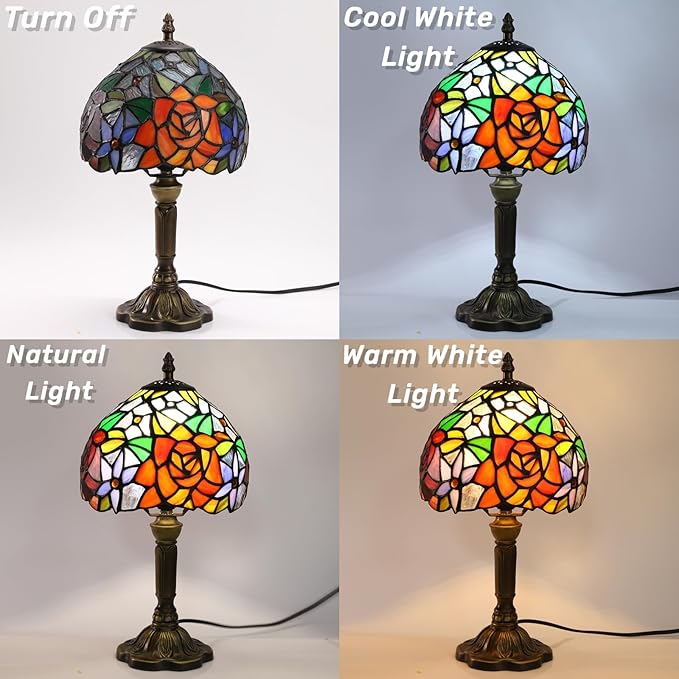 Rose Tiffany Small Table Lamp 3 Way Color Temperatures Stained Glass Bedside Nightstand Table Lamps for Living Room,Bedroom, Home Office Reading Desk Lamp+LED Bulb,8X8X15 Inch