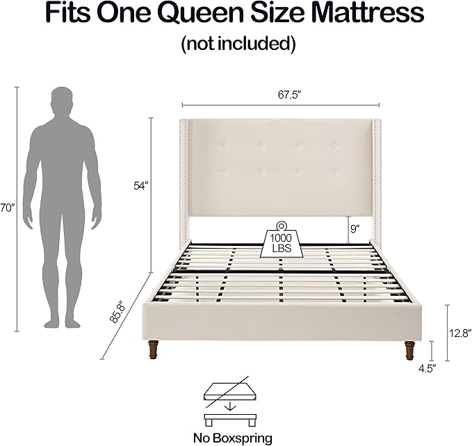GDFStudio Tall Headboard Upholstered Bed,Queen Size Platform Bed Frame with Headboard Nailhead Trim Wingback,54" High No Box Spring Needed Easy Assembly Traditional Hand Buttoned Tufting Ivory Velvet
