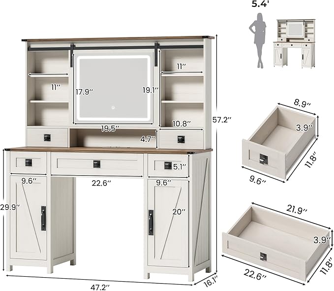 Farmhouse Makeup Vanity Desk with Sliding Mirror and Lights, 47.2" Big Vanity Table with Charging Station, Makeup Desk with 5 Drawers & 2 Cabinets, White