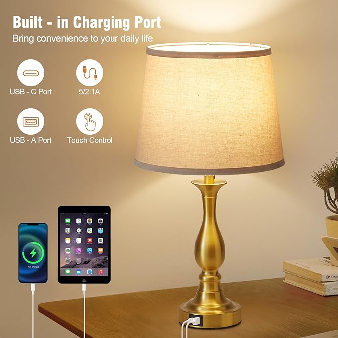 Bedside Table Lamp Touch Control Bedroom Lamps with USB-C USB-A Charging Port 3 Way Dimmable Touch Lamps for Nightstand Living Room Bedroom Dorm Home Office Reading, Set of 2