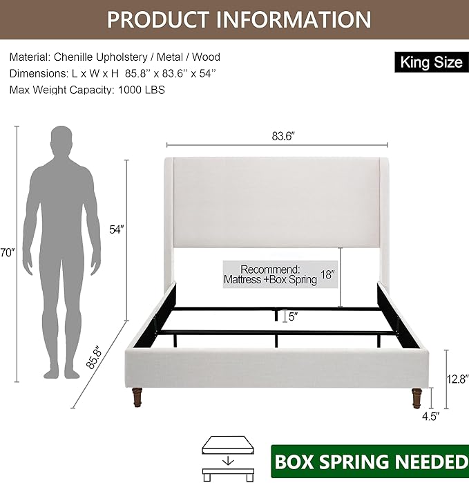 King Size Upholstered Bed Frame with 54" Tall Wingback Headboard, Chenille Fabric, Sturdy Metal and Wood Support, Solid Wood Feet, Box Spring Required (Ivory White Chenille, King)