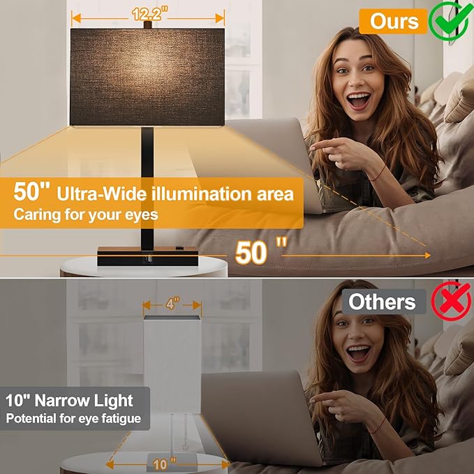 21" Touch Bedside lamps with 2 USB & AC Outlets, 3-Way Dimmable Bedside Table Lamps Set of 2 for Bedroom Living Room Office Reading, Black Shade Lamps for Night Stands, 2700K LED Bulbs Included