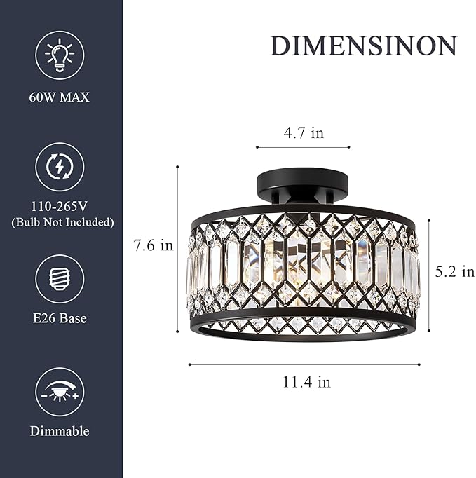 Crystal Black Ceiling Light, Modern Semi Flush Mount Ceiling Lighting Fixture, Round Hallway Lighting Fixtures for Kitchen Entryway Bedroom Laundry Room, 1-Light, 11.4 Inch