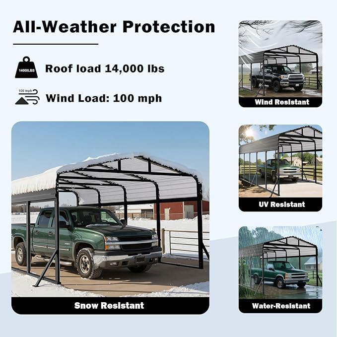 20x20FT Heavy Duty Metal Carport - Reinforced Galvanized Carport Canopy for All-Weather Shelter, Enhanced Wind Resistance for Boats, Cars, Trucks, and Tractors