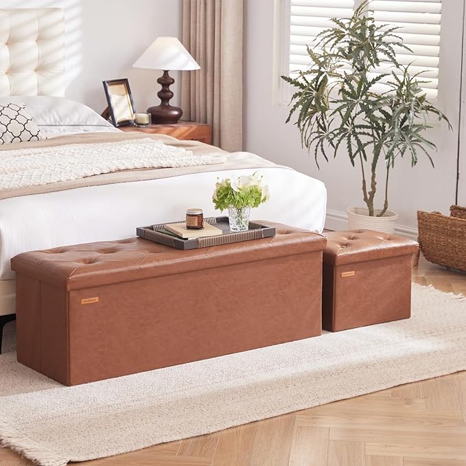 HAUSFRAU Storage Ottoman Foot Rest Stool, Small Folding Ottoman with Storage, Tufted Square Cube Footrest, Faux Leather Retro Brown