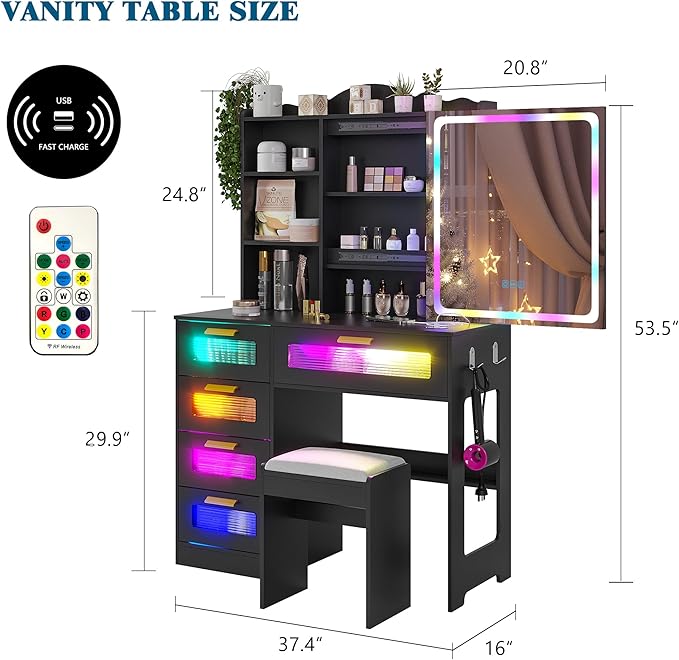 Vanity Desk with Lights and Sliding Mirror, Makeup Vanity Desk with Charging Station, Vanitys Dressing Table with Stool,LED Vanity Set with Large Drawers&Shelves for Bedroom, Decor, Black