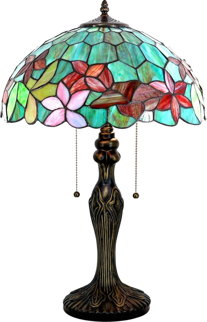 Tiffany Table Lamp Stained Glass Lamp 16X16X24 Inch Antique Reading Light (Green Red Flowers)