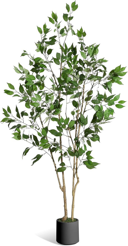 6FT Ficus Trees Artificial Indoor, Faux Silk Plant with Natural Wood Trunk and Lifelike Fruits, Black Imitation Ceramic Planter with Green Fake Moss for Modern Home Office Living Room Decor