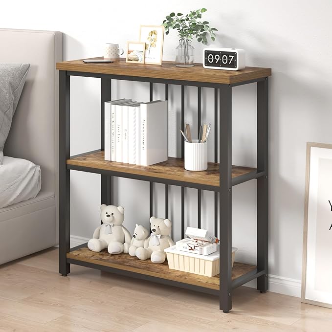 FOLUBAN 3 Tier Bookshelf, Industrial Wood and Metal Bookcase, Small Book Shelf for Home Office Bedroom Living Room, Rustic Brown