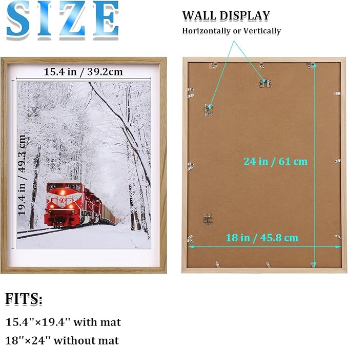 Egofine 18x24 Solid Wood Picture Frame, Made of Solid Wood Covered by Plexiglass 16x20 with Mat 18x24 without Mat, Poster Frame for Wall Mounting Photo Vertically or Horizontally, Carbonized Brown