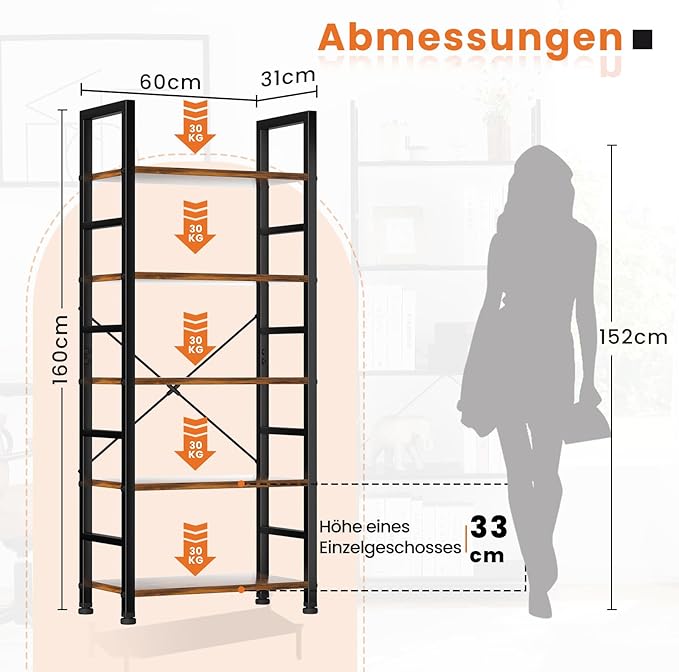 Sweetcrispy Book Shelf, 5 Tier Bookcase, Modern Tall Bookshelf Corner Storage Organizer for Garage Kit, CDs, Movies Suitable Home Office Bedroom, Kitchen, Living Room - Brown
