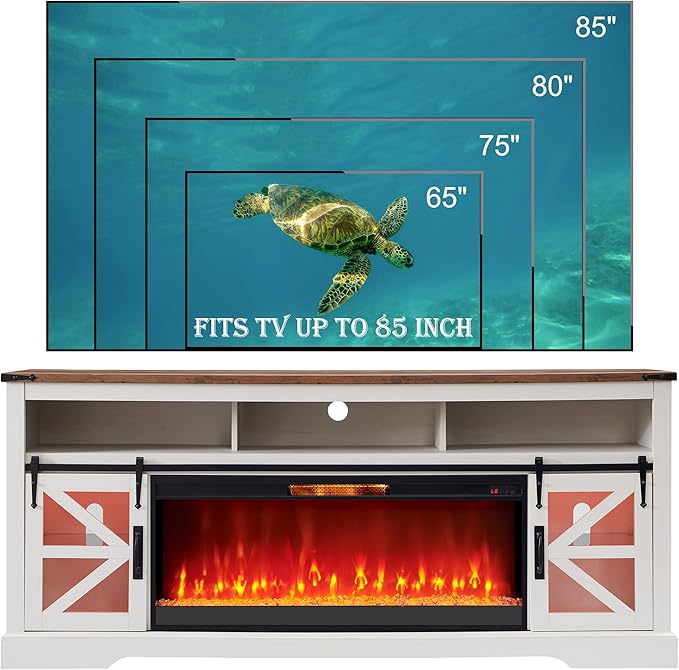 OKD Fireplace TV Stand for 85" TV, 33" Tall Highboy Farmhouse Entertainment Center w/ 42'' Electric Fireplace & LED Light, Rustic Media Console w/Sliding Barn Door for Living Room, Antique White