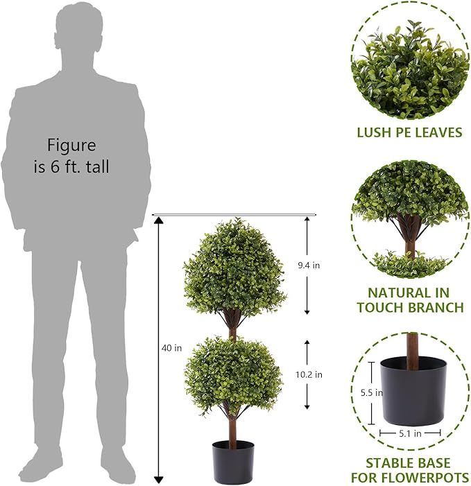 THE BLOOM TIMES 40" Tall Artificial Boxwood Double Ball Topiary Trees, UV Resistant Large Fake Potted Plants for Outdoor Planter, Realistic Faux Bushes Shrubs for Front Porch Outside Decor Set of 2