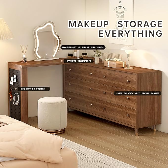 Makeup Vanity Desk Set with Cloud-Pattern HD Lighted Mirror and Stool, 60-100in Extendable Modern Vanity Table, 6-Drawer Solid Wood Frame Storage Cabinet Brown
