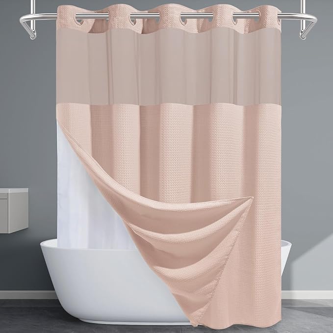 Blush Pink No Hook Shower Curtain with Snap in Liner,230GSM Waffle Weave Shower Curtains for Bathroom,71W x 74H
