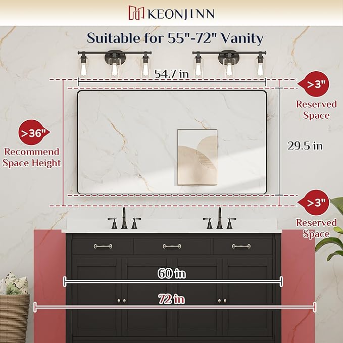 Keonjinn Black Bathroom Mirror for Vanity 55 x 30 Inch Large Metal Framed Wall Mirror Matte Black Rounded Rectangle Farmhouse Mirror, HD Tempered Glass, Modern Decorative Mirror(Horizontal/Vertical)