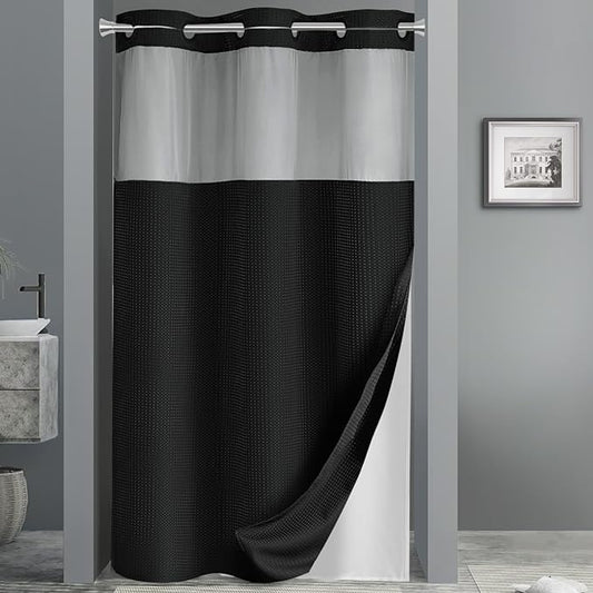 YellyHommy No Hook Shower Curtain with Snap in Fabric Liner Set Less Time Black Waffle Shower Curtain for Bathroom 75" L x 48" W