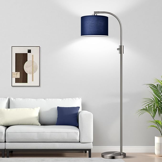 【Upgraded】 Dimmable Brushed Nickel Floor Lamp, 1200 Lumens LED Bulb Included, Arc Floor Lamps for Living Room Modern Standing Lamp with Blue Shade, Tall Lamp for Living Room Bedroom Office Study room