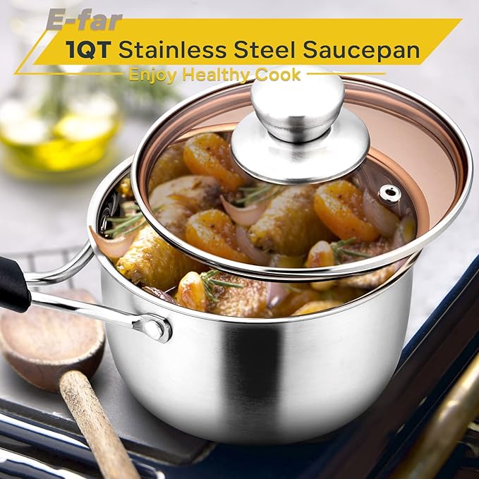 E-far 1 Quart Saucepan with Lid, Stainless Steel Small Sauce Pot with Glass Lid for Cooking, Easy Clean & Rust Free, Dishwasher Safe