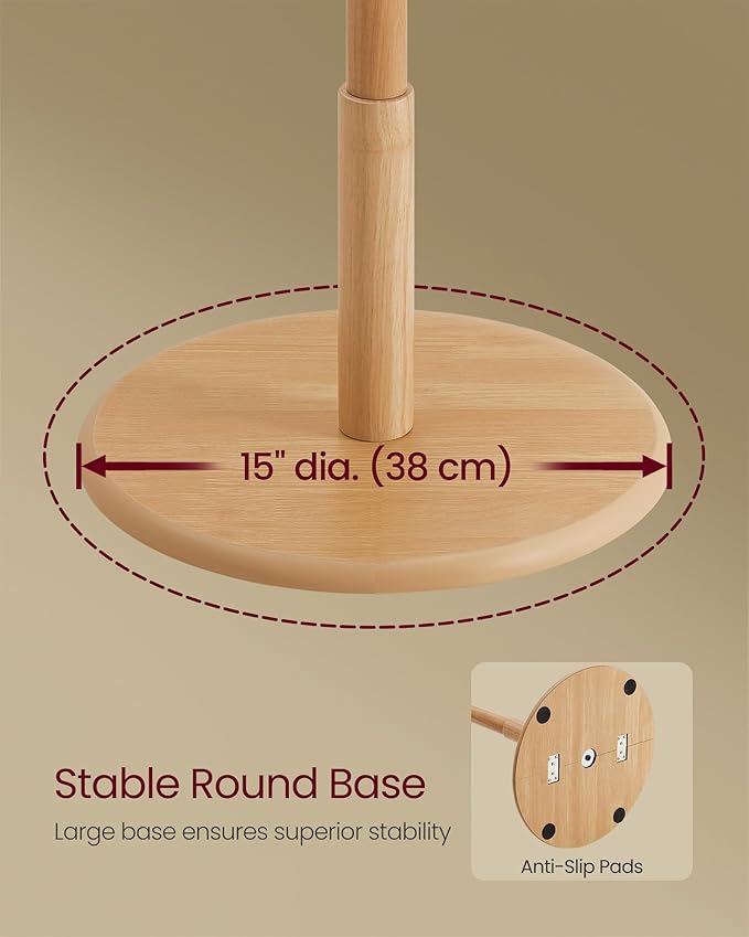 VASAGLE Solid Wood Coat Rack, Free Standing Hall Coat Tree with 7 Hooks, 3 Height Options, for Coats, Hats, Bags, Purses, for Entryway, Hallway, Rubberwood Hooks and Pole, Natural Beige URCR007N01