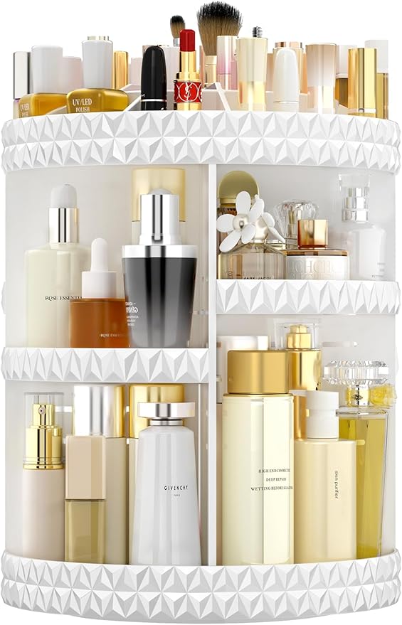360 Rotating Makeup Organizer, DIY Adjustable Cosmetics Organizer[Patented Product], Professional Acrylic Make Up Caddy Shelf Storage Perfume, Lipsticks, Makeup Brushes or Accessories (White)