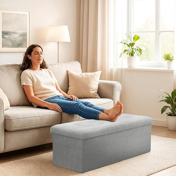 Storage Ottoman Bench, 43 Inch Ottoman Foot Rest, End of Bed Bench, Storage Chest, Load 700 lb, for Living Room, Bedroom, Entryway, Light Gray