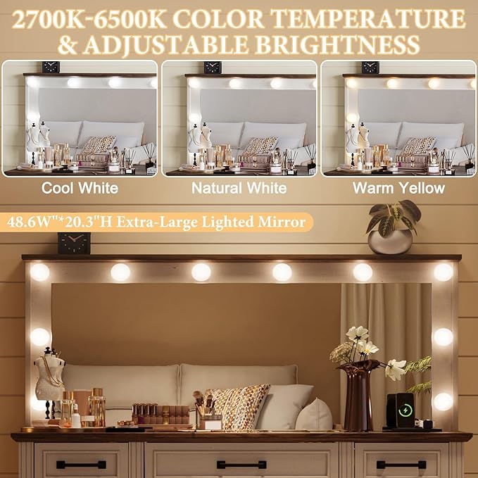 55" Farmhouse Vanity Desk with Large Mirror & Lights, Glass Top Large Makeup Vanity Table with 10 Hollywood Lights Bulbs, Charging Station, 5 Drawers, Dressing Table for Bedroom, Rustic White