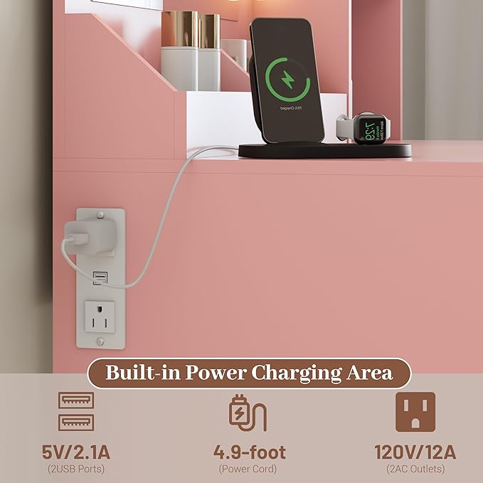 Makeup Vanity with Mirror and Lights, 34'' Wide Dressing Table with Charging Station & RGB Glass Cabinet, Small Vanity Desk with 3 Color Lighting Modes & Adjustable Brightness, Pink