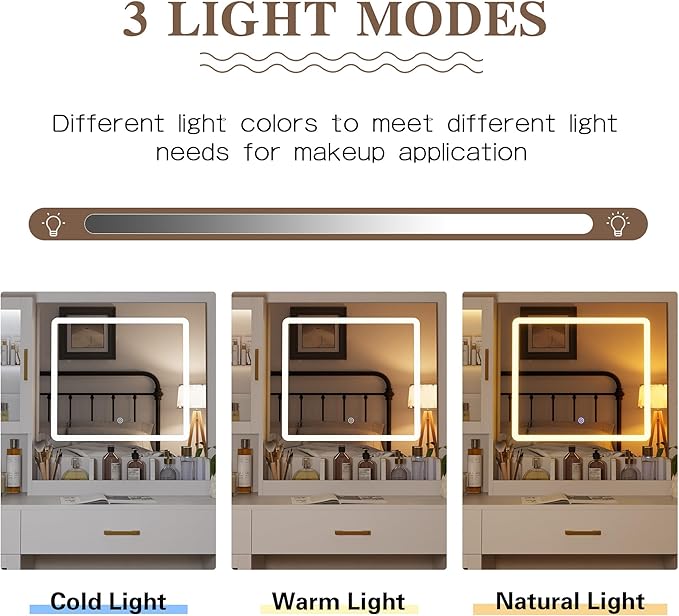 KAMABOKO Modern Vanity Desk with Mirror and Lights, Makeup Table with with 2 Drawers & 2 Display Cabinets & Charging Station, Dressing Set for Bedroom