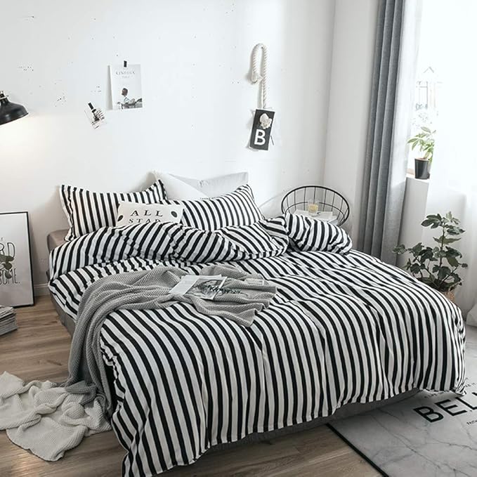 Luxlovery Black and White Comforter Set Queen Men Women Striped Bedding Set Full Farmhouse Ticking Stripes Bedding Blanket Geometric Lines Modern Comforter Set with 2 Pillowcases