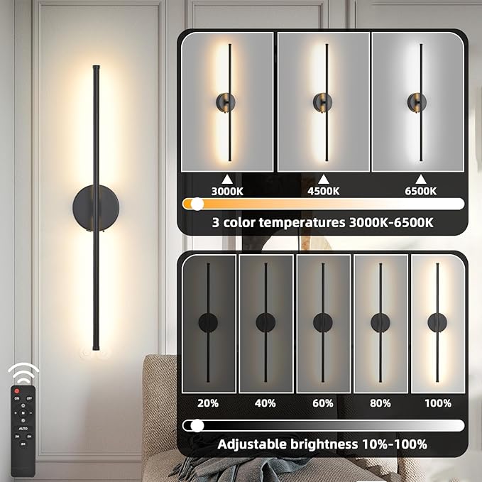 Wall Sconces Battery Operated Set of 2, Black LED Wireless Wall Sconce with Remote Control 350° Rotating, 27.6 Inch Dimmable USB Rechargeable Wall Lights for Living Room Bedroom Hallway