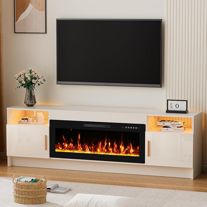 70'' TV Stand with Fireplace-White Entertainment Center for 75+ inch TV- TV Cabinet with LED Light, Storage, High Glossy Door, Modern TV Console for Living Room