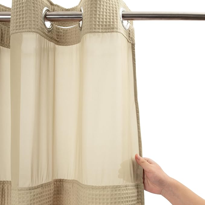 River Dream Linen Fabric Shower Curtain Set, Cotton Blend, Waffle Weave, with Snap in Replacement Liner，71 x 74 inches
