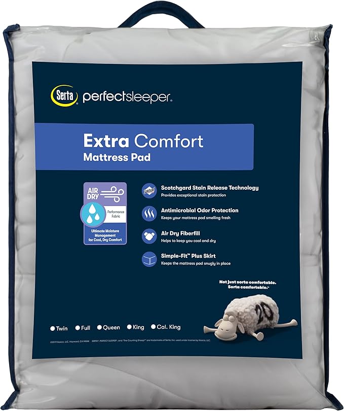 Serta Air Dry Extra Comfort Performance Fabric Quilted Mattress Pad, Cooling and Breathable Mattress Cover, Moisture Wicking Protection with 15" Deep Pocket, California King, White