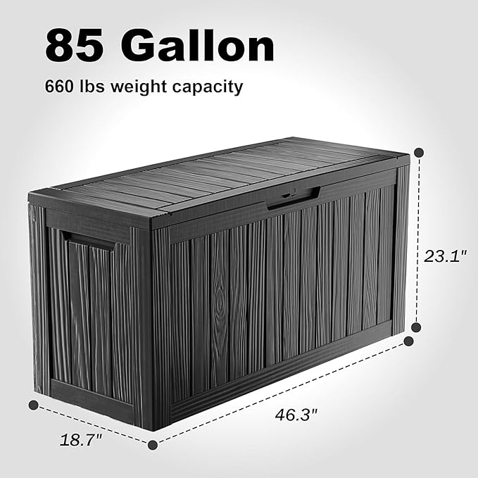 Vixzen 85 Gallon Resin Deck Box, Lockable Outdoor Storage Box for Patio Cushions Storage Furniture,Garden Tools, Pool Supplies, Weatherproof and UV Resistant,Black