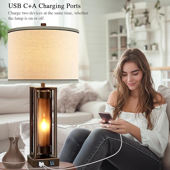 Rustic Table Lamps for Living Room Set of 2 with USB C+A Ports, Farmhouse Vintage Nightstand Lamp with Amber Night Light, Retro Desk Lamp for Bedroom, 4 Bulbs Included (Brown)