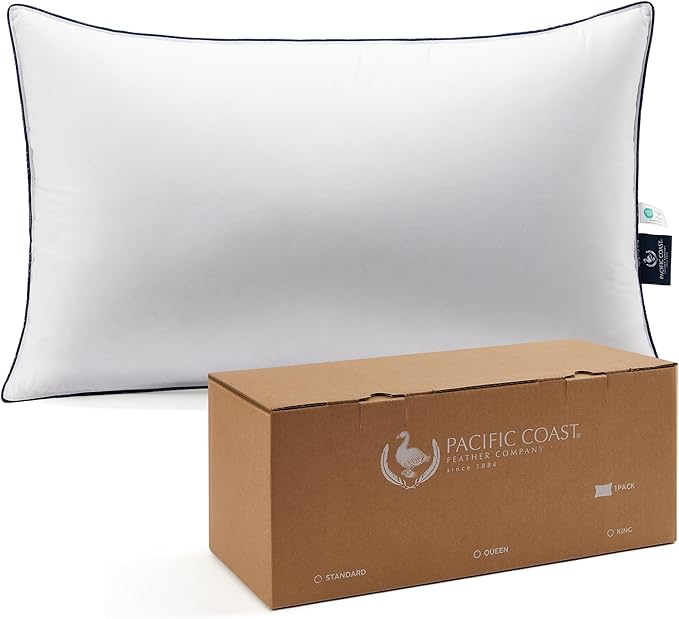 Pacific Coast Bed Pillow, Hotel Collection Goose Feather and Down Pillow for Sleeping, 3-Chamber Design, Medium Supportive, Standard Size