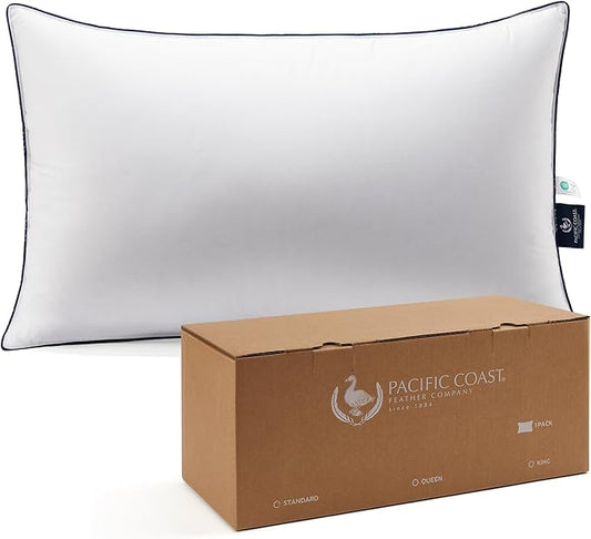 Pacific Coast Bed Pillow, Hotel Goose Feather and Down Pillow for Sleeping, 3-Chamber Pillow with High Thread Count 100% Cotton Shell, Queen Size