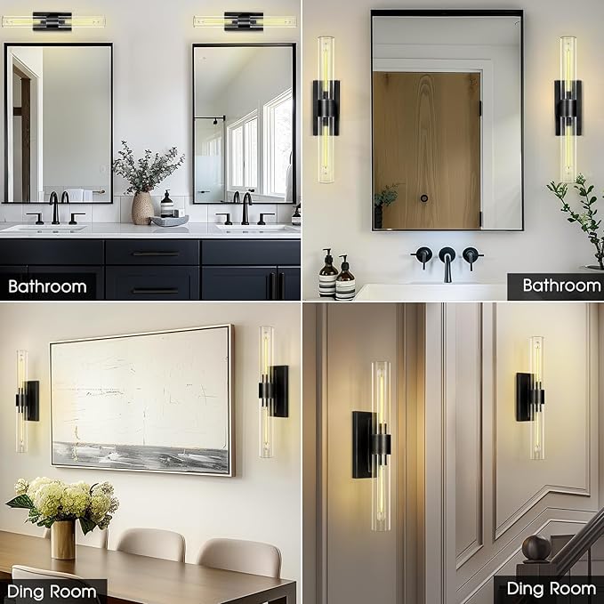 Bathroom Black Vanity Vertical Linear Light - 2-Light Tube Wall Sconces, 24" Vertical Vanity Wall Lighting, E26 Bulb Included